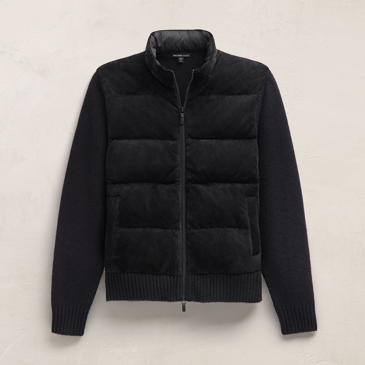 Suede Front Zip Up Sweater in Black | James Perse Los Angeles FLAT