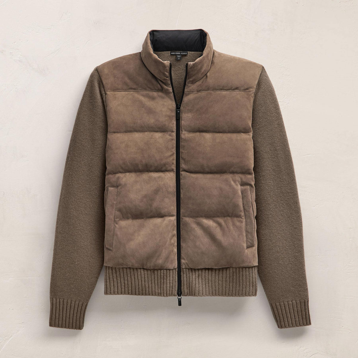 Suede Front Zip Up Sweater in Caribou | James Perse Los Angeles FLAT
