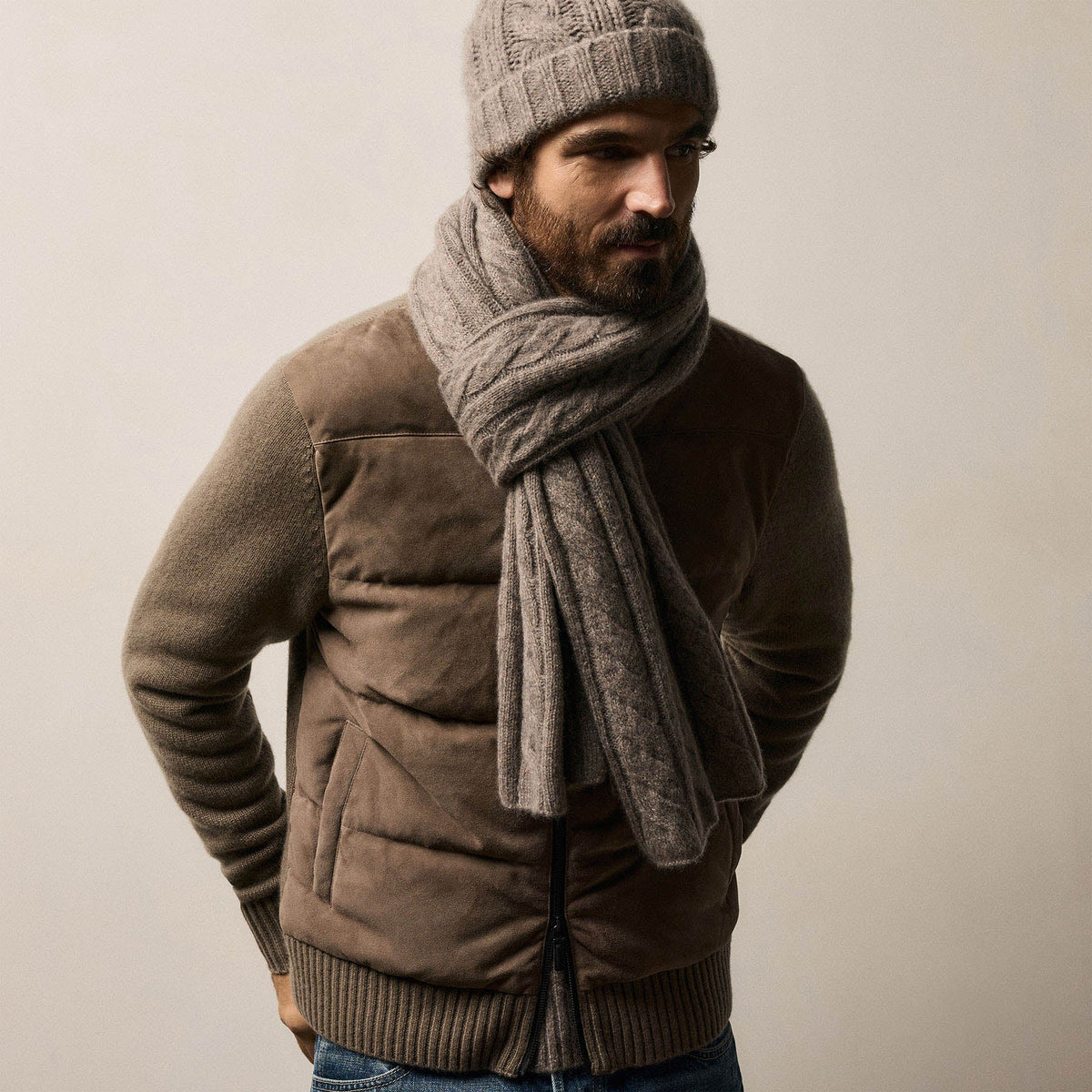 Suede Front Zip Up Sweater in Caribou | James Perse Los Angeles