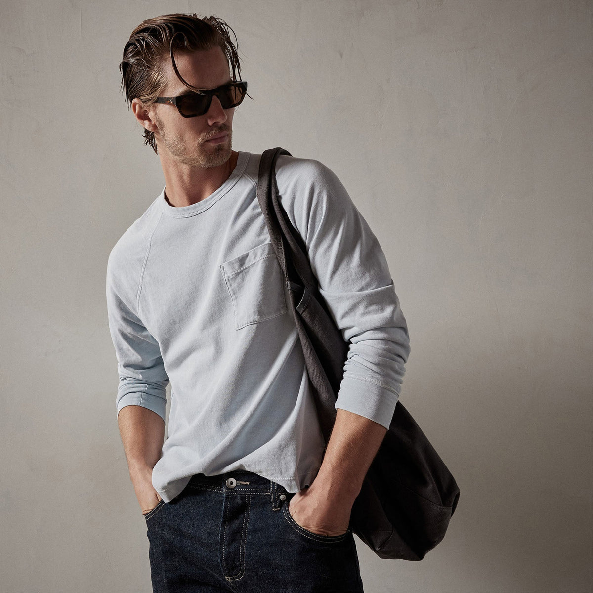Beefy Cotton Jersey Pocket Raglan in Baby Blue Pigment | James Perse Los Angeles