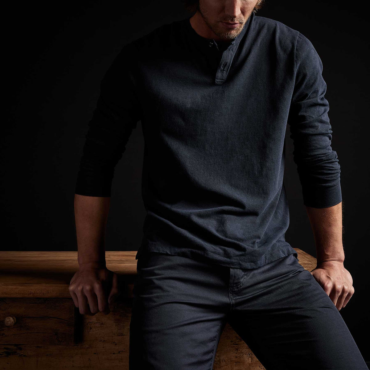 Soft Slub Jersey Long Sleeve Henley in Blue Oil | James Perse Los Angeles 