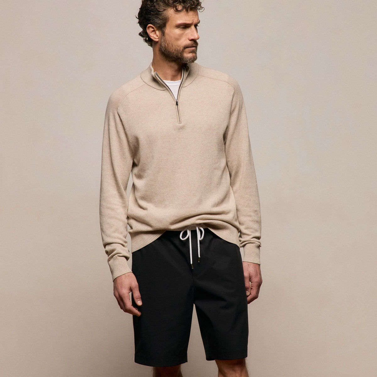 Cotton Cashmere Half Zip in Wheat | James Perse Los Angeles