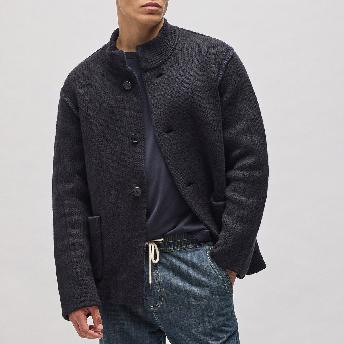 Double Bed Cotton Knit Jacket in Black/Navy | James Perse Los Angeles