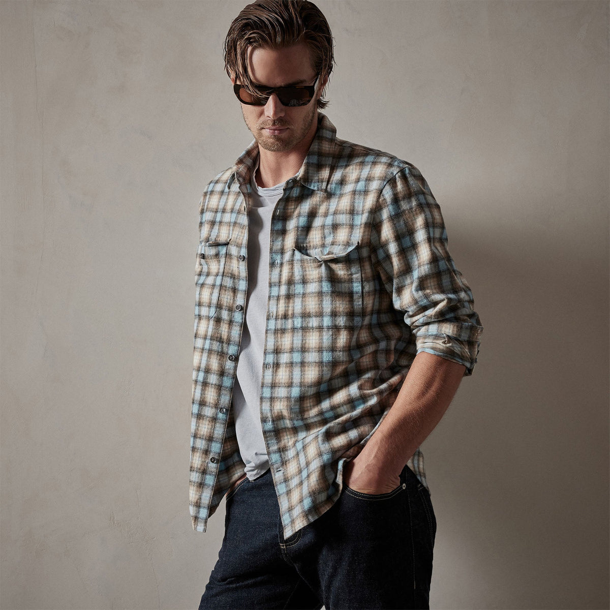 Plaid Flannel Shirt in Baby Blue | James Perse Los Angeles