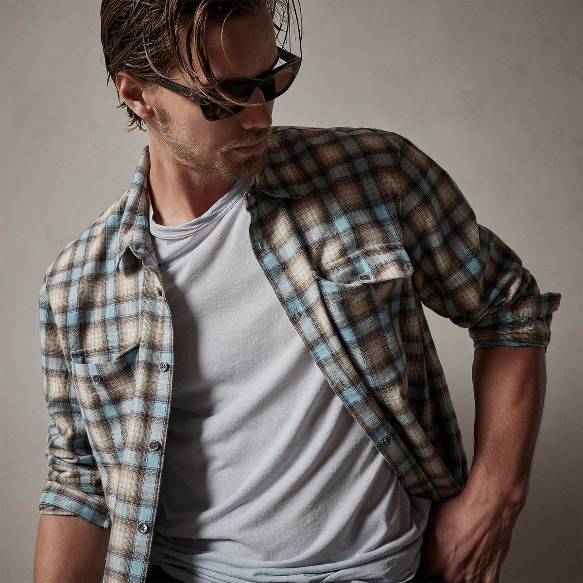 Plaid Flannel Shirt in Baby Blue | James Perse Los Angeles