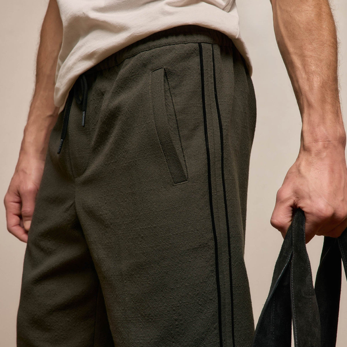 Suede Trimmed Track Pant in Dark Olive/Black | James Perse Los Angeles