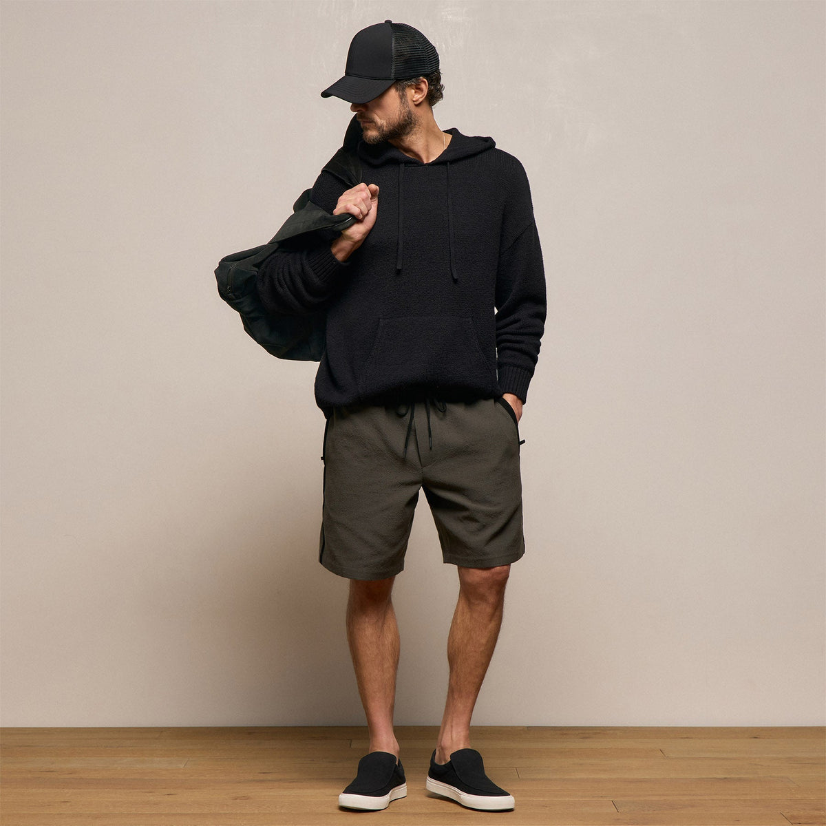 Suede Trimmed Track Short in Dark Olive/Black | James Perse Los Angeles