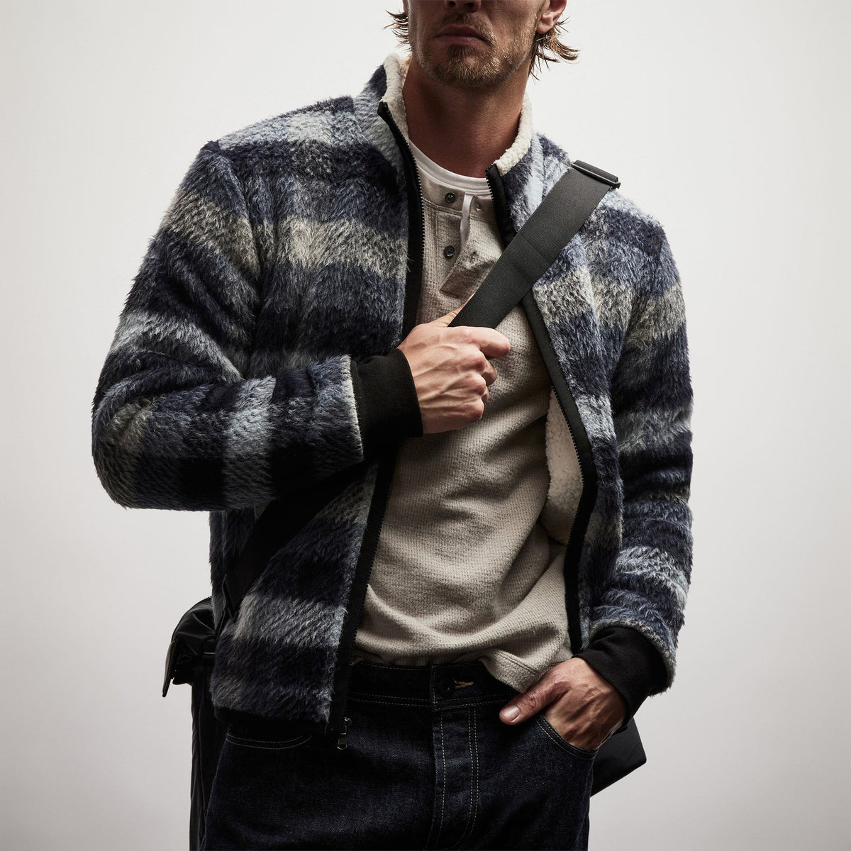 Sherpa Lined Plaid Zip Jacket in Breeze Plaid | James Perse Los Angeles