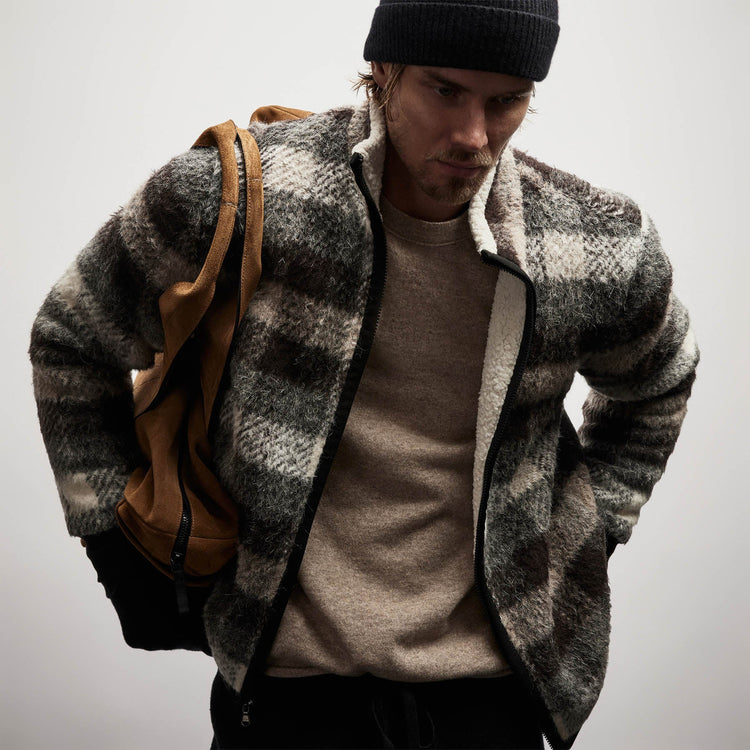 Sherpa Lined Plaid Zip Jacket in Dapple Plaid | James Perse Los Angeles