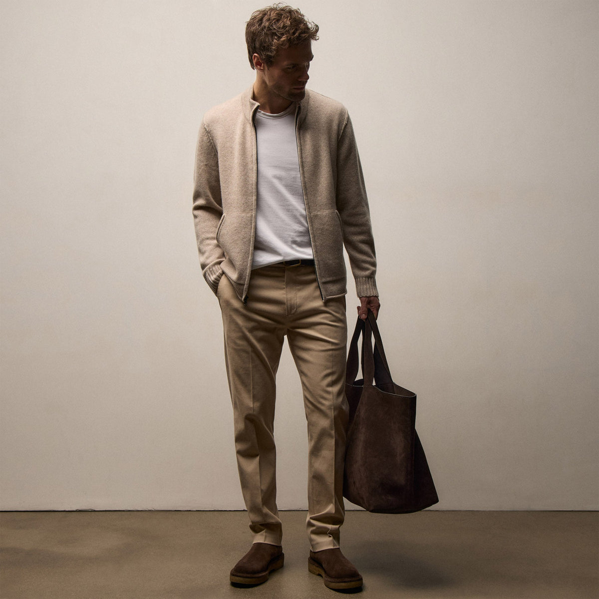 Recycled Cashmere Full Zip Sweater In Stone | James Perse Los Angeles