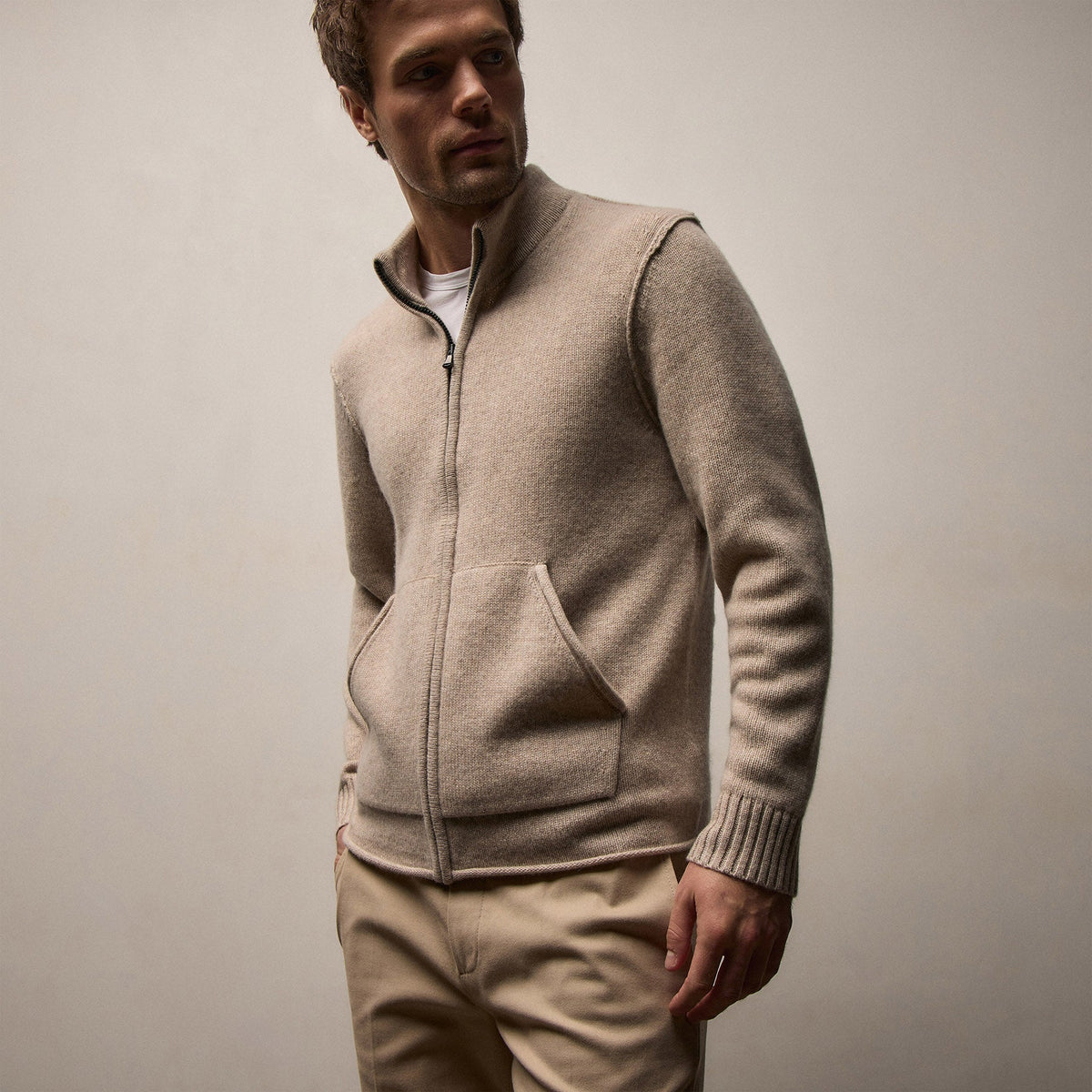 Recycled Cashmere Full Zip Sweater In Stone | James Perse Los Angeles