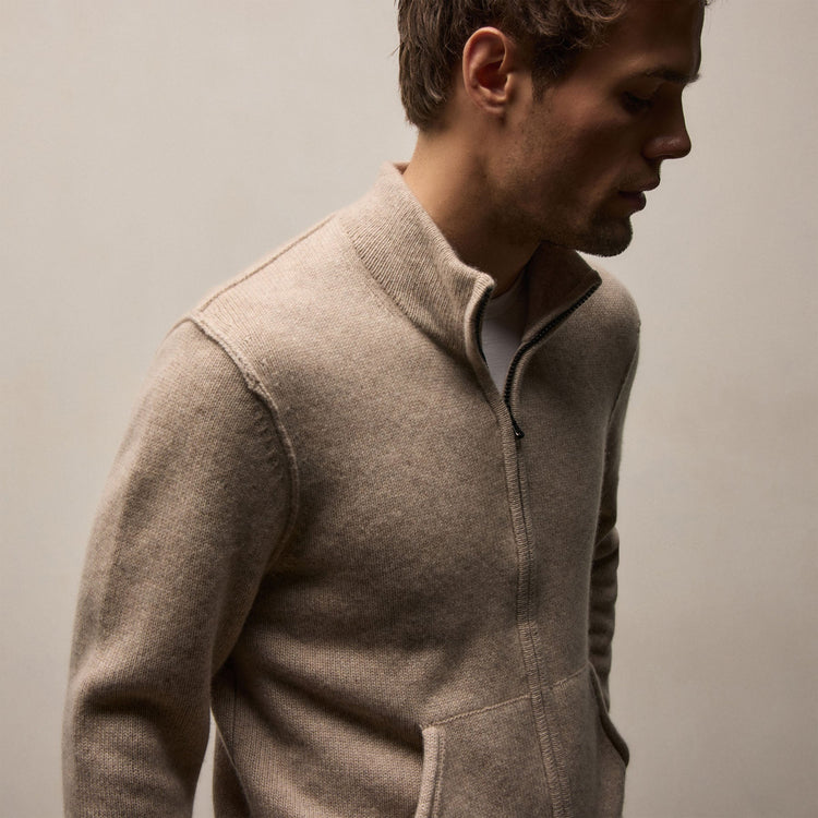 Recycled Cashmere Full Zip Sweater In Stone | James Perse Los Angeles