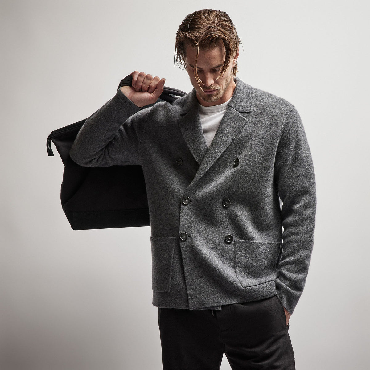 Double Breasted Cashmere Blazer in Flannel | James Perse Los Angeles