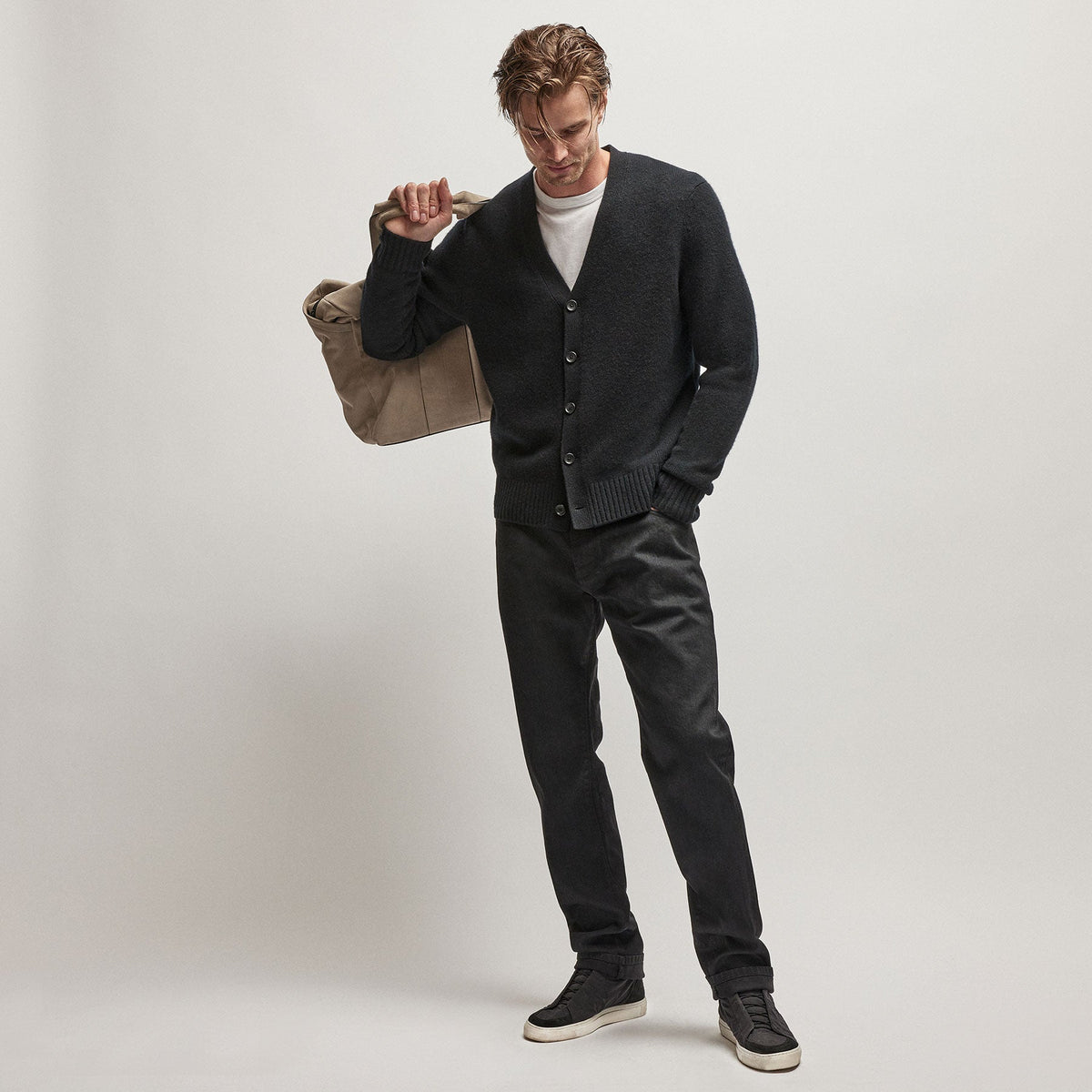 Recycled Cashmere Cardigan in Black | James Perse Los Angeles