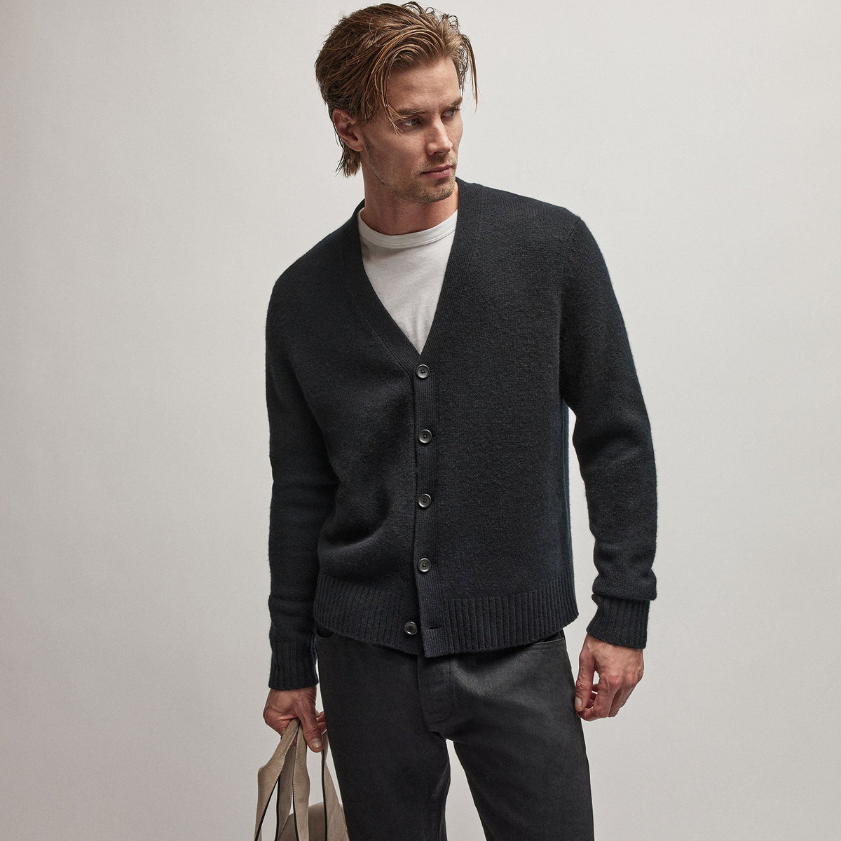 Recycled Cashmere Cardigan in Black | James Perse Los Angeles