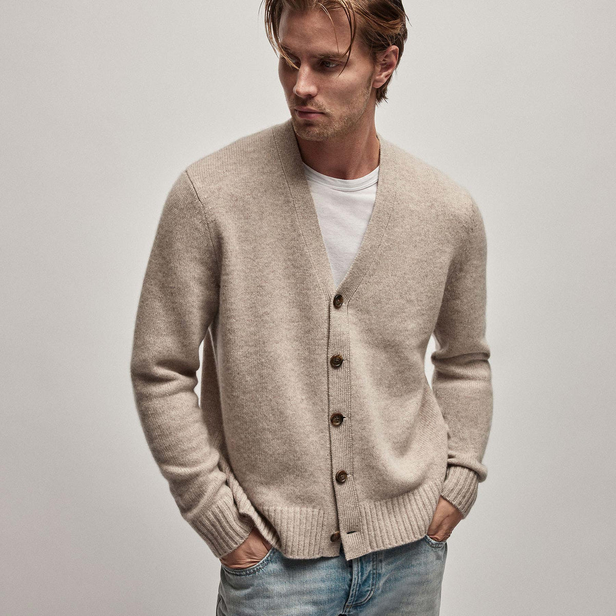 Recycled Cashmere Cardigan in Stone | James Perse Los Angeles