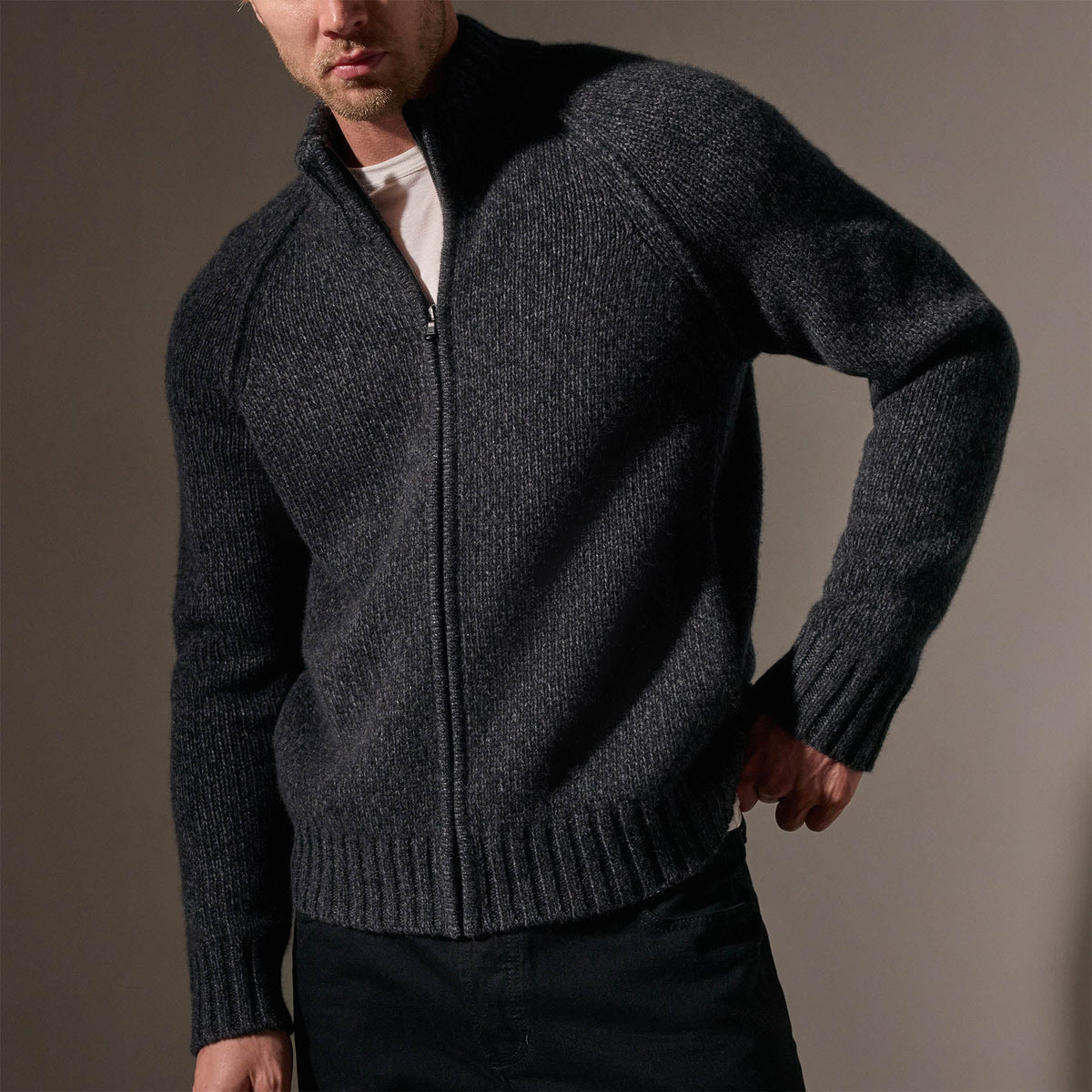 Chunky Cashmere Zip Up in Charcoal Marl | James Perse Los Angeles