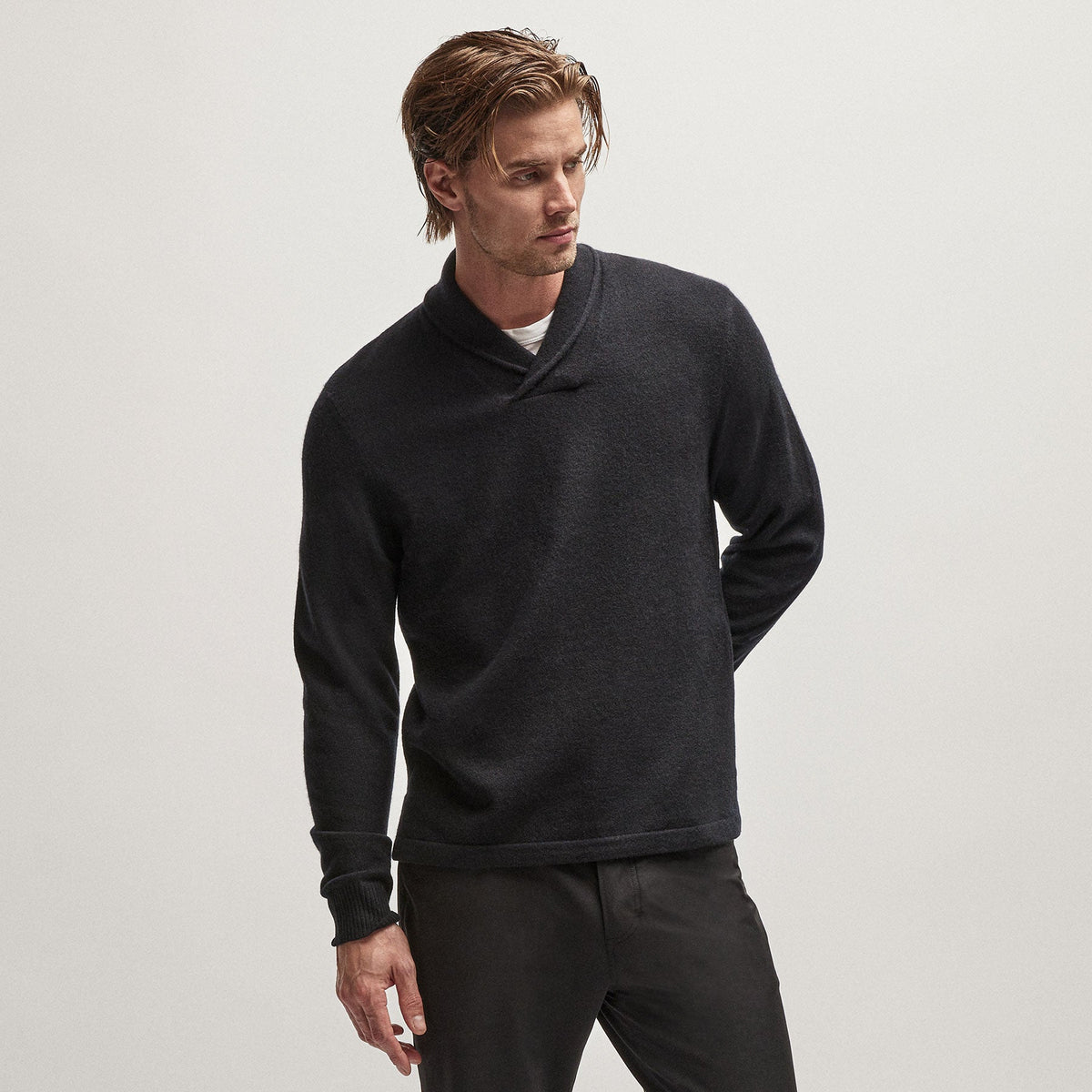 Recycled Cashmere Shawl Collar Sweater in Black | James Perse Los Angeles