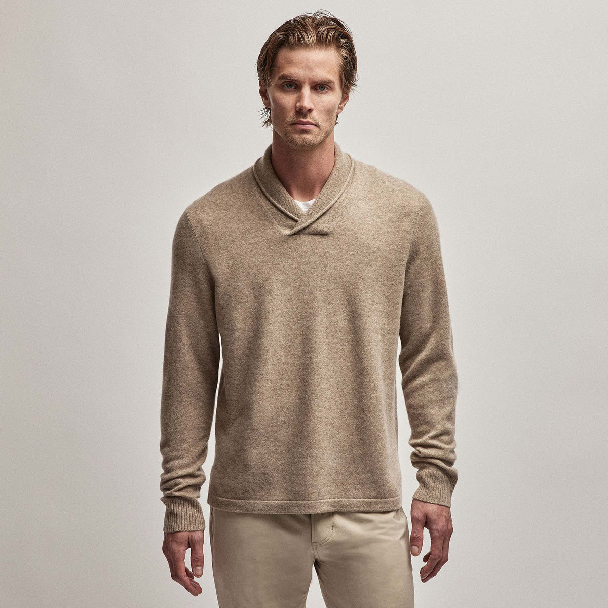 Recycled Cashmere Shawl Collar Sweater in Coyote | James Perse Los Angeles