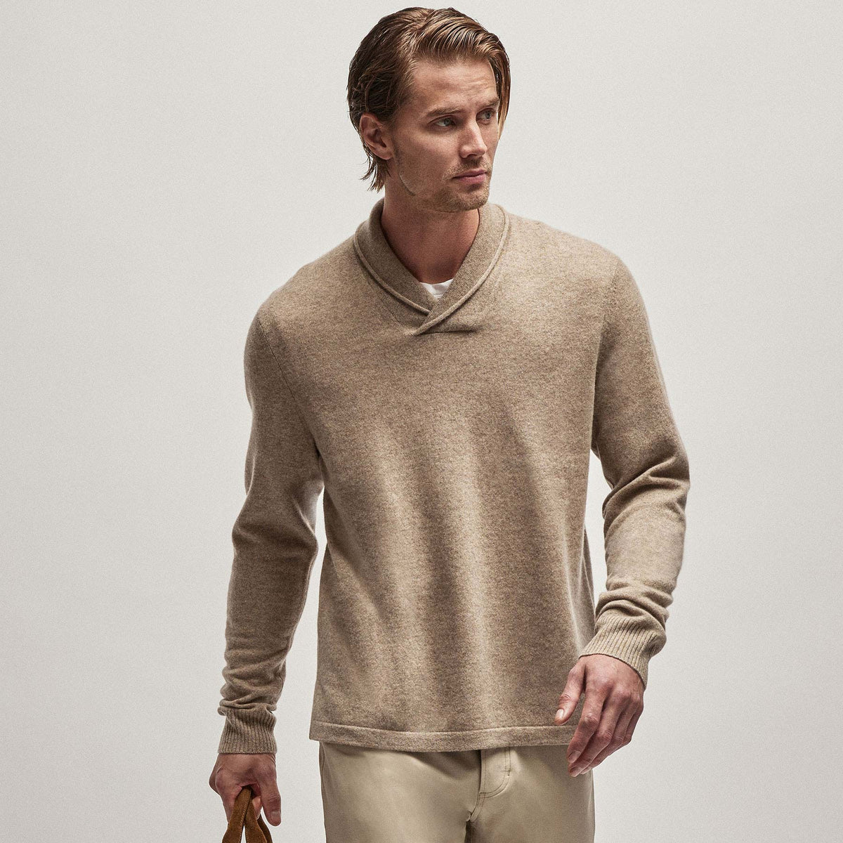 Recycled Cashmere Shawl Collar Sweater in Coyote | James Perse Los Angeles
