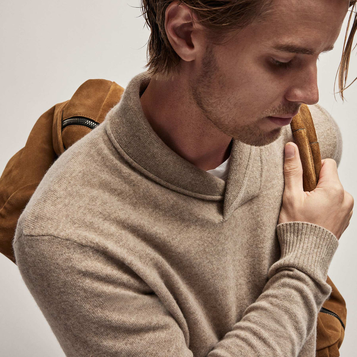 Recycled Cashmere Shawl Collar Sweater in Coyote | James Perse Los Angeles