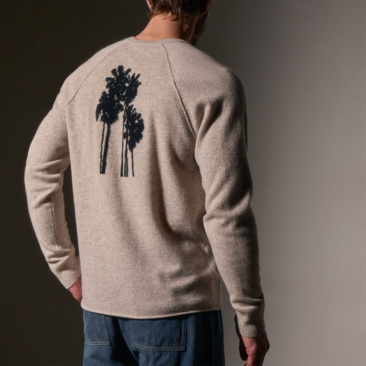 Rcld Cashmere Palm Intarsia Raglan in Stone/Black | James Perse Los Angeles