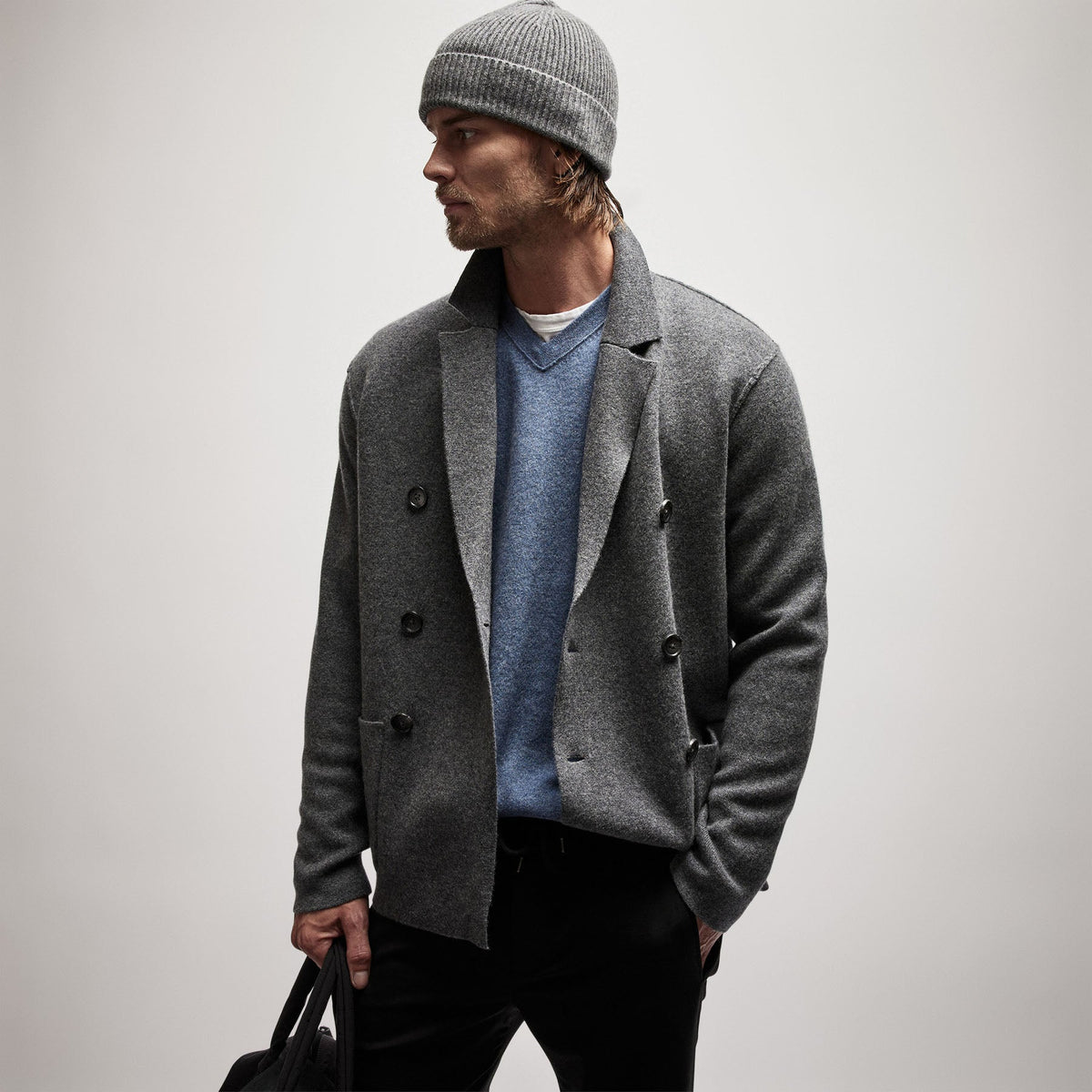 Cashmere V Neck Sweater in Denim | James Perse Los Angeles