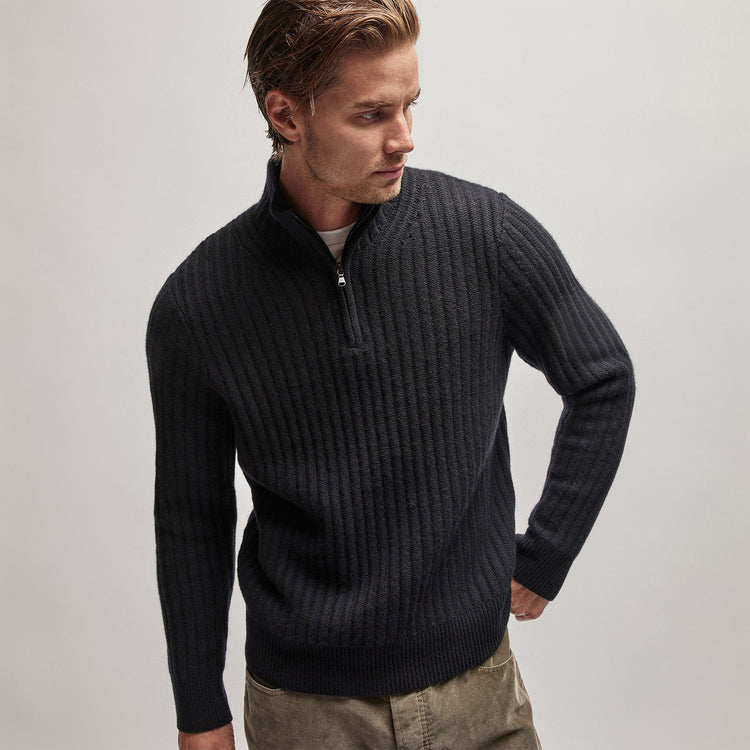 Cashmere Rib Half Zip Sweater in Black | James Perse Los Angeles