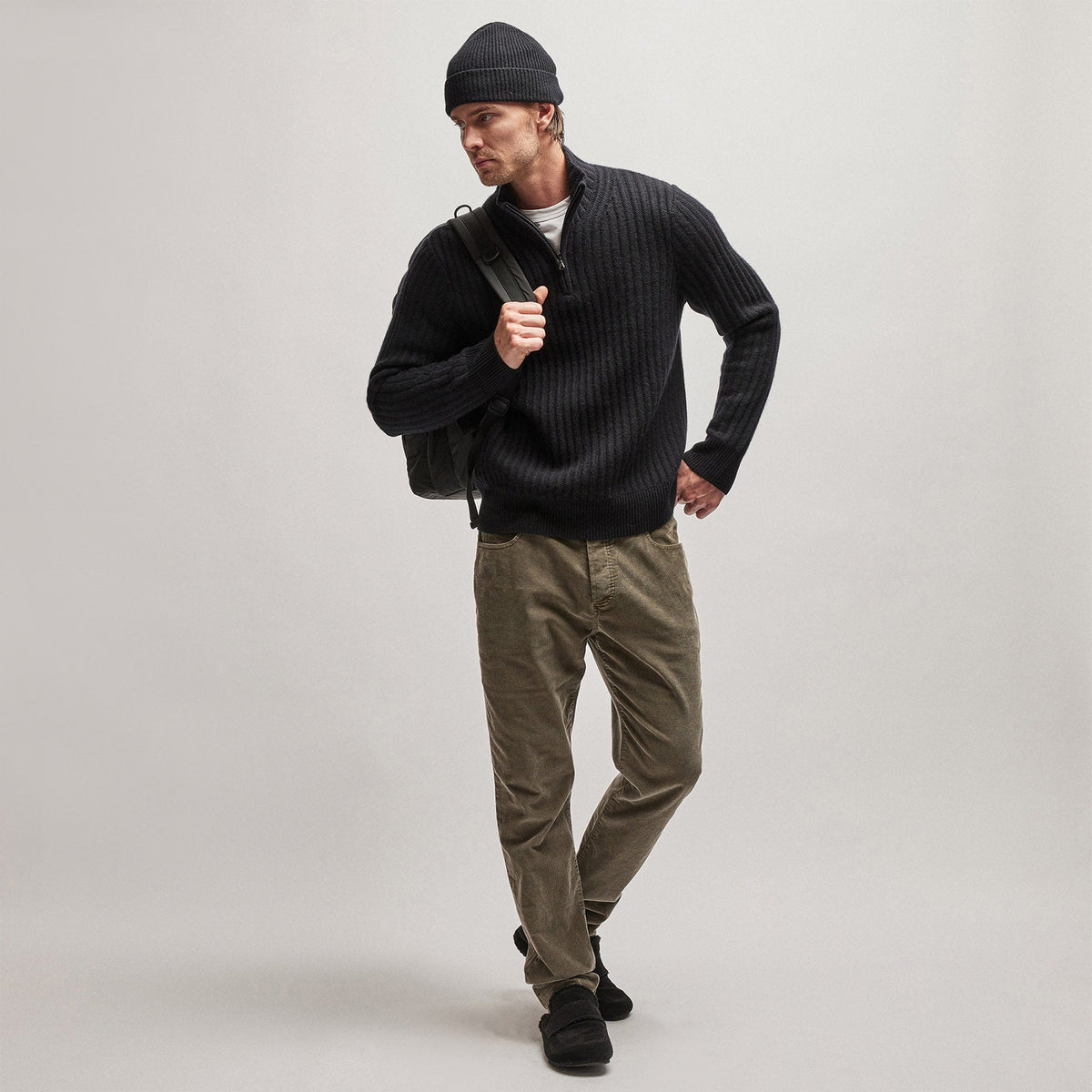 Cashmere Rib Half Zip Sweater in Black | James Perse Los Angeles