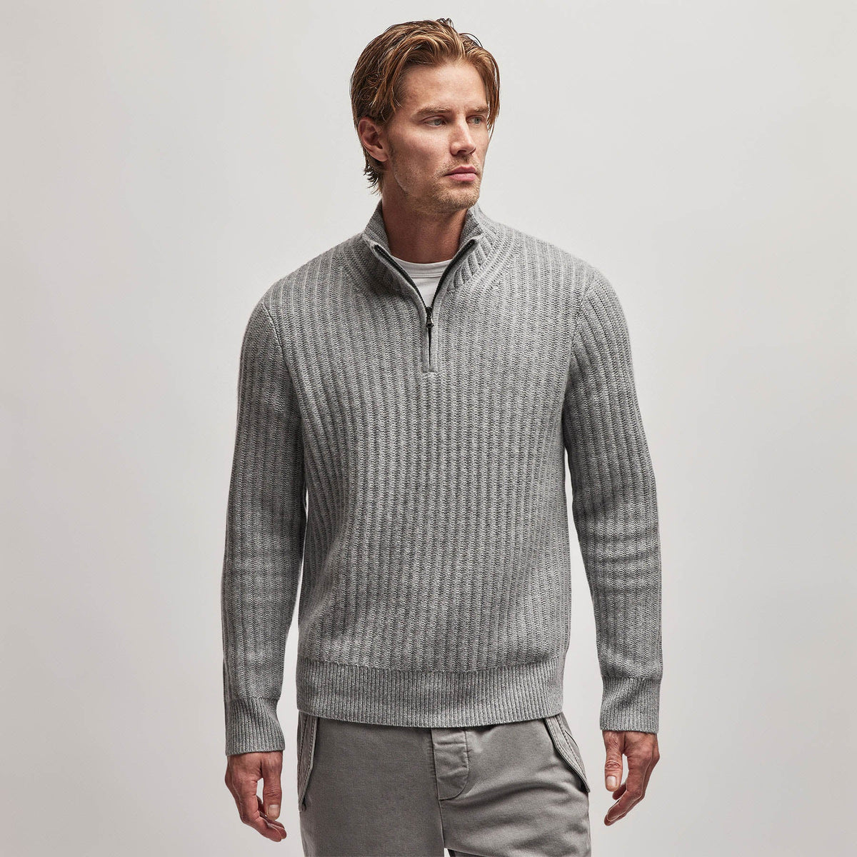 Cashmere Rib Half Zip Sweater in Heather Grey | James Perse Los Angeles