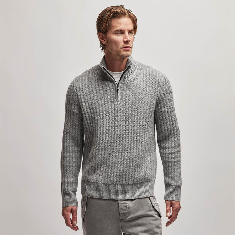 Cashmere Rib Half Zip Sweater in Heather Grey | James Perse Los Angeles