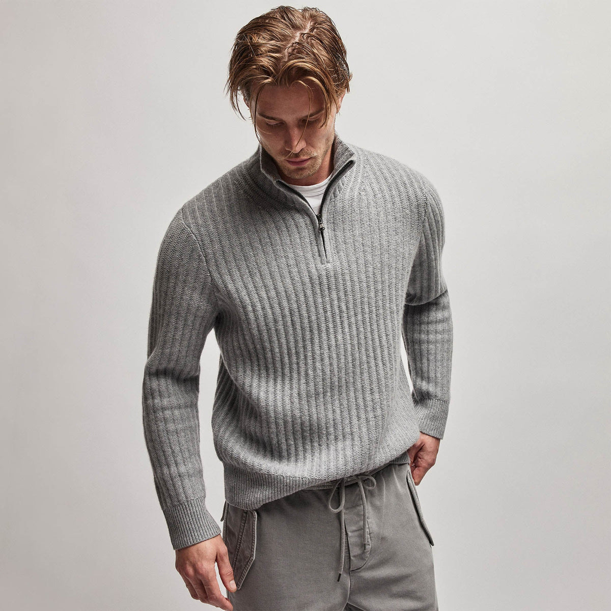 Cashmere Rib Half Zip Sweater in Heather Grey | James Perse Los Angeles
