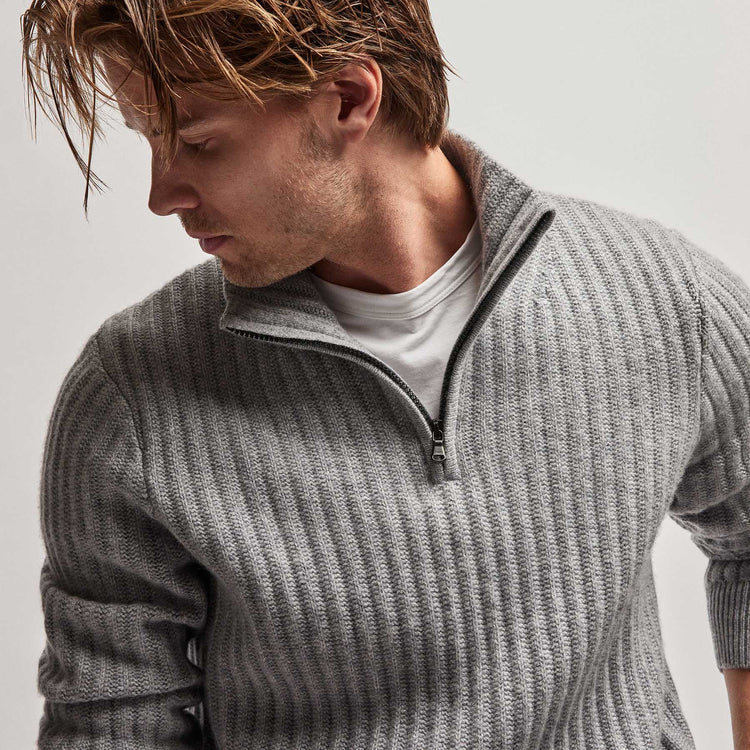 Cashmere Rib Half Zip Sweater in Heather Grey | James Perse Los Angeles