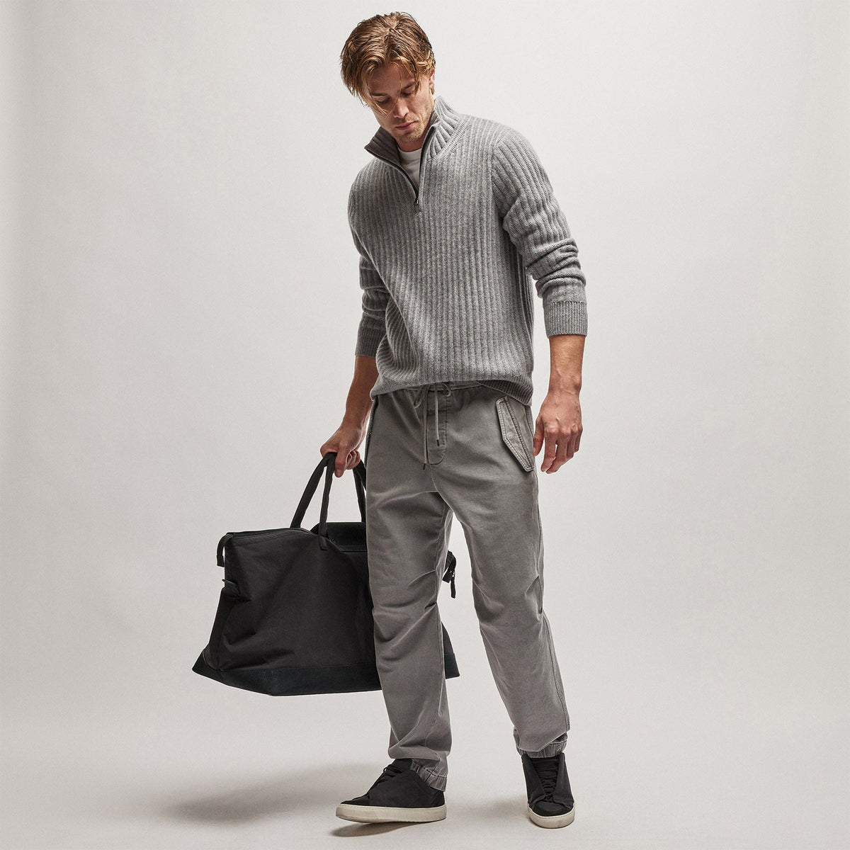 Cashmere Rib Half Zip Sweater in Heather Grey | James Perse Los Angeles
