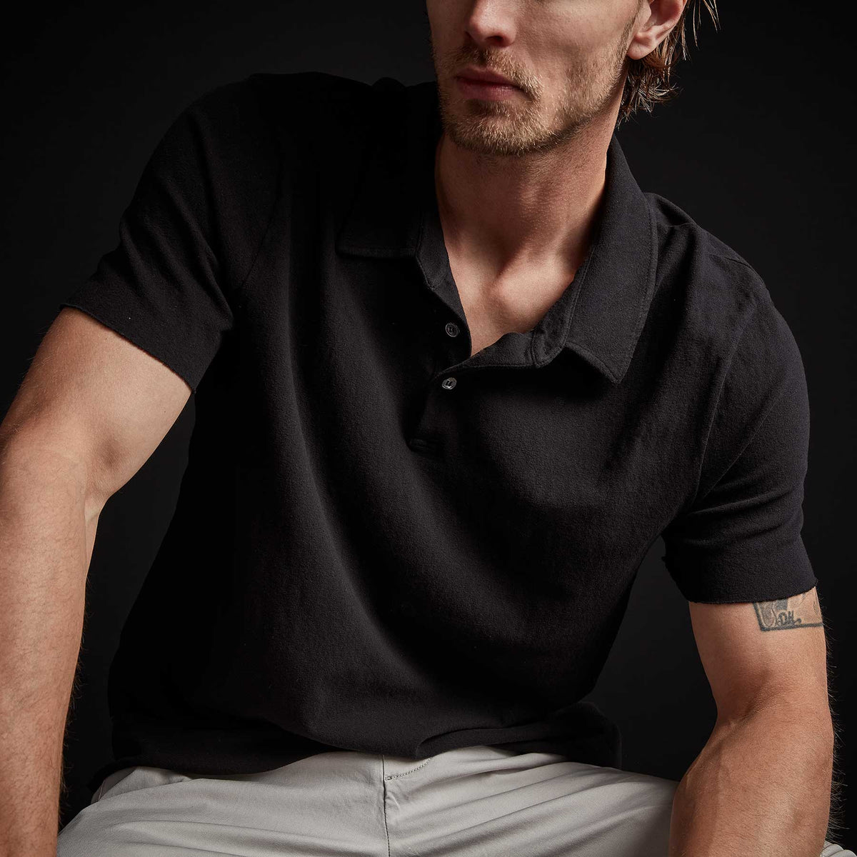 Brushed Jersey Short Sleeve Polo in Black | James Perse Los Angeles