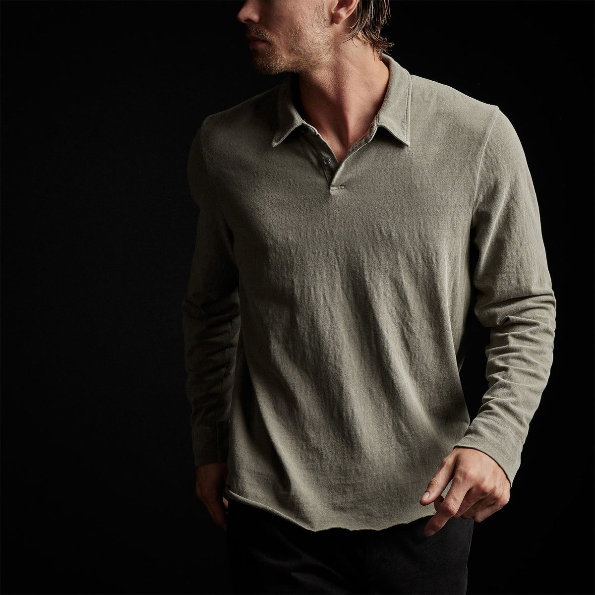 Recycled Brshd Jersey Long Sleeve Polo in Ammo Pigment | James Perse Los Angeles 