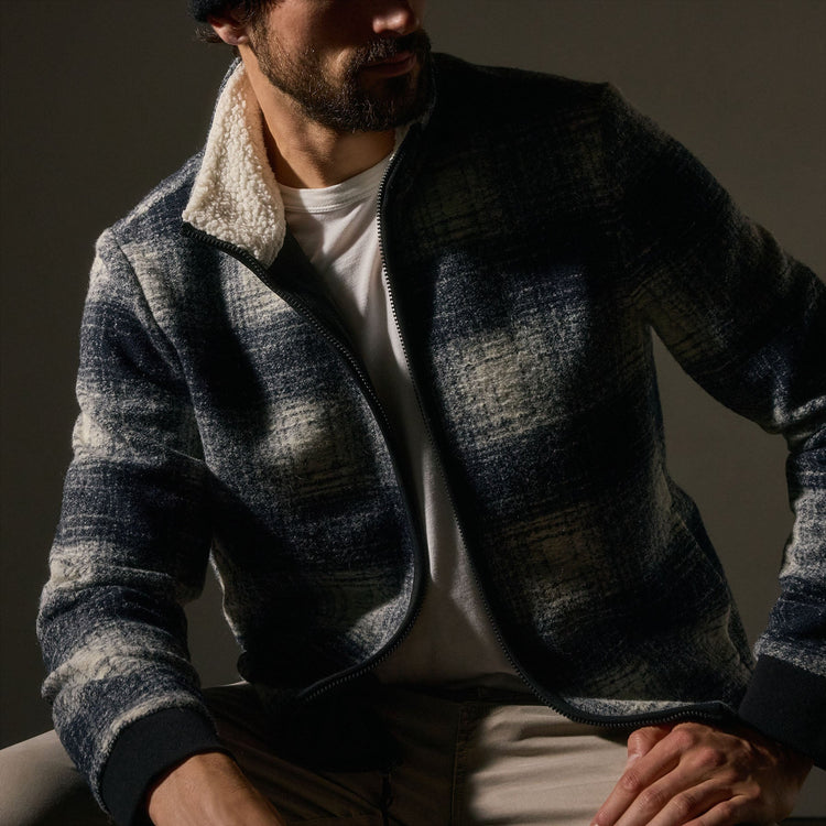 Brushed Plaid Techno Wool Jacket in Navy/White | James Perse Los Angeles