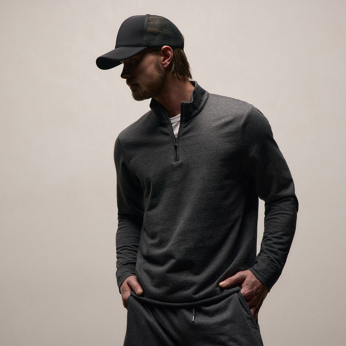 Fine French Terry Half Zip in Heather Charcoal | James Perse Los Angeles