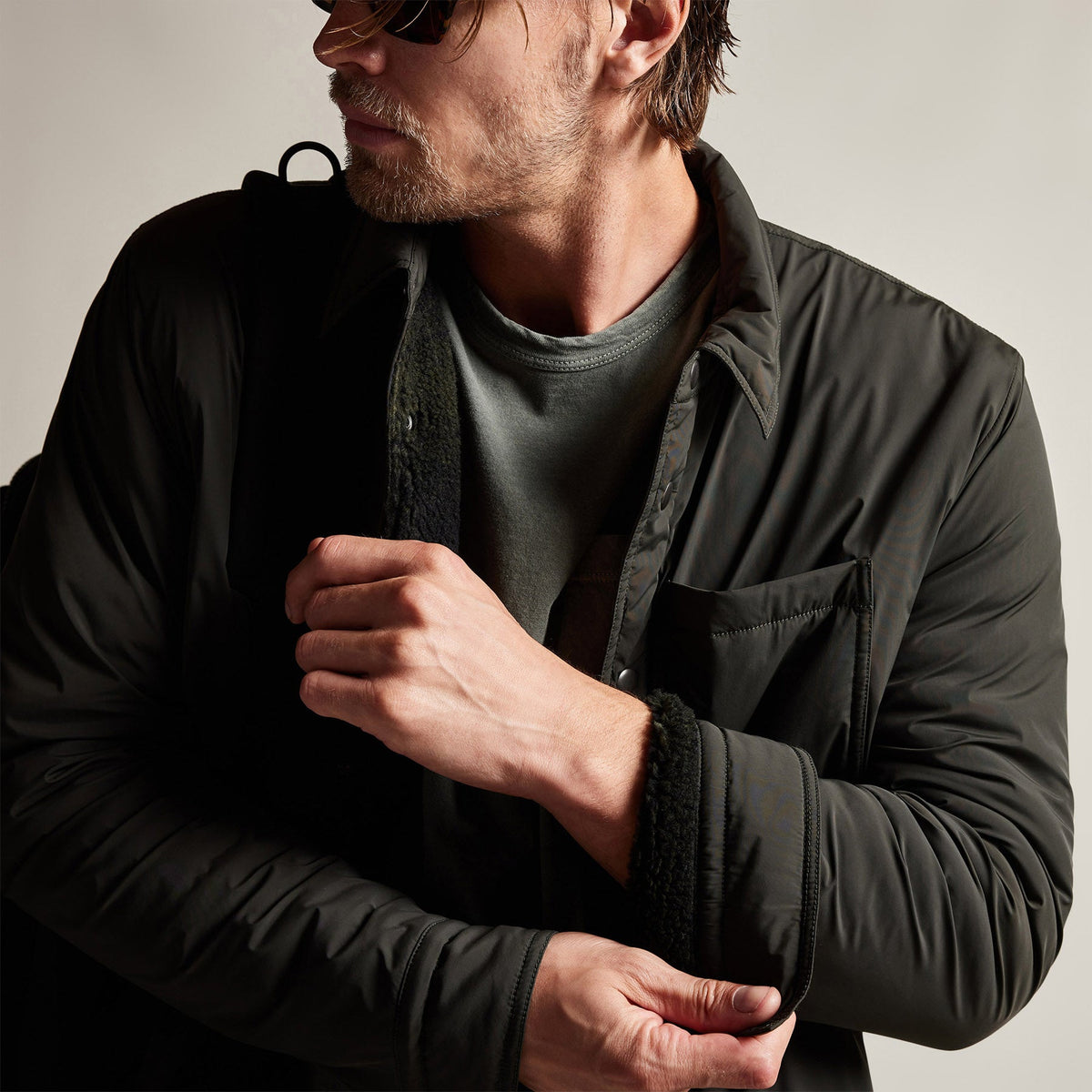 Plaid Lined Performance Jacket in Olive/Olive | James Perse Los Angeles