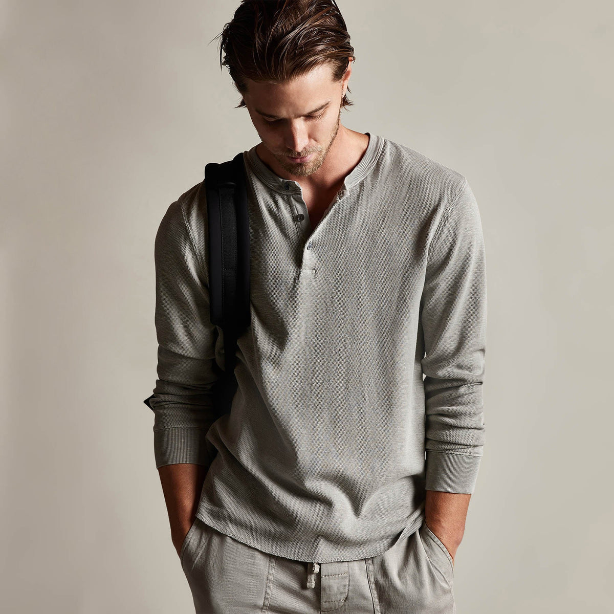 Long Sleeve Thermal Henley in Dapple Pigment | James Perse Los Angeles