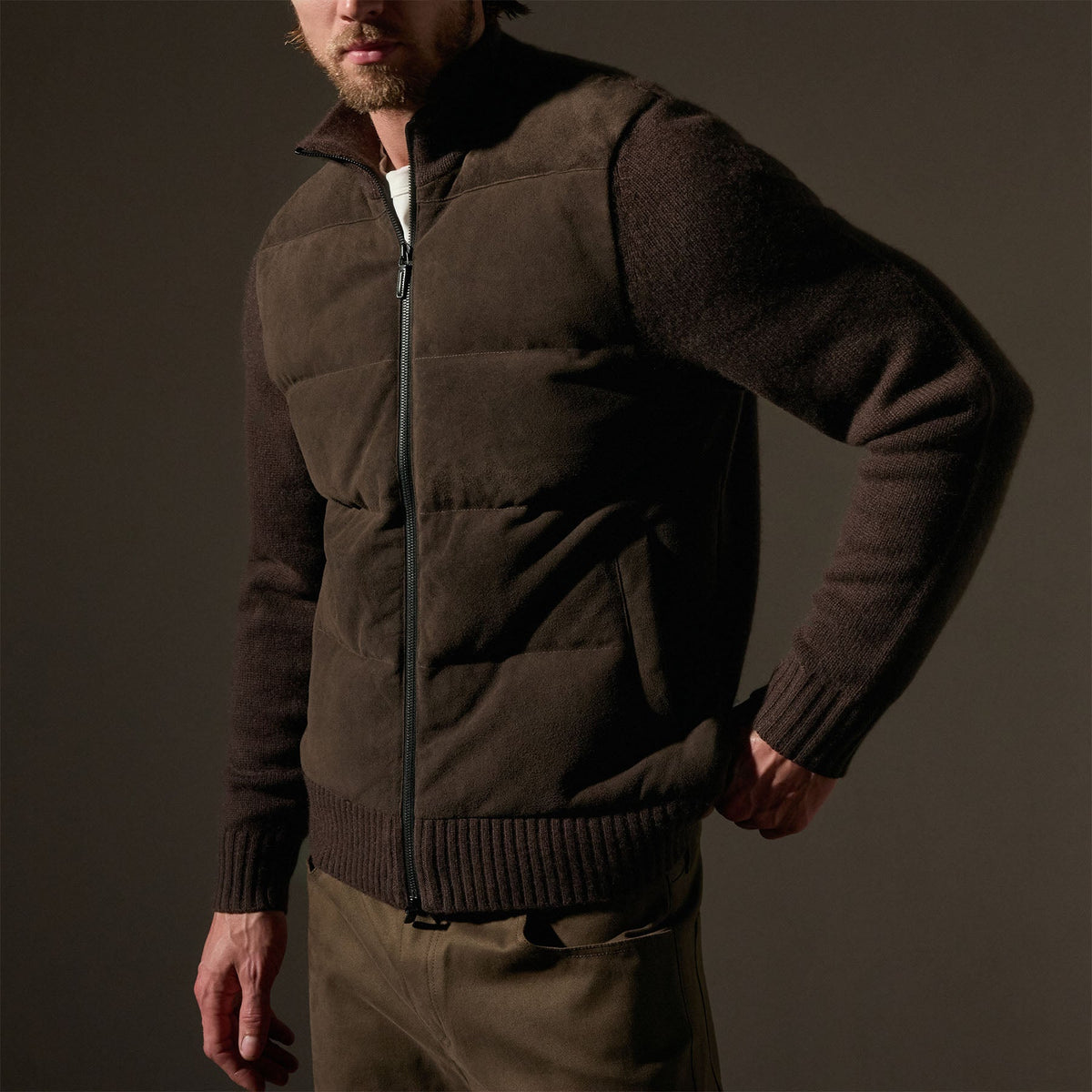 Suede Front Zip Up Sweater in Bronco | James Perse Los Angeles