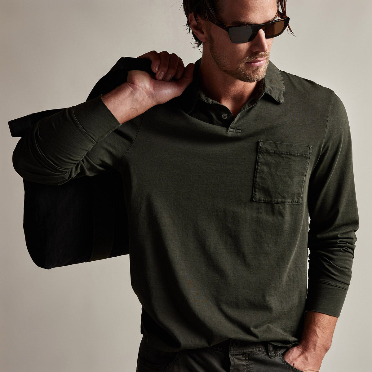 Sueded Jersey Rugby Polo in Dark Olive Pigment | James Perse Los Angeles