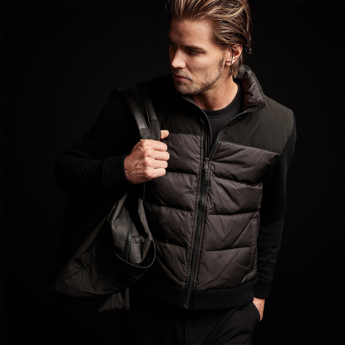 Luxury Down Front Zip Sweater in Black | James Perse Los Angeles