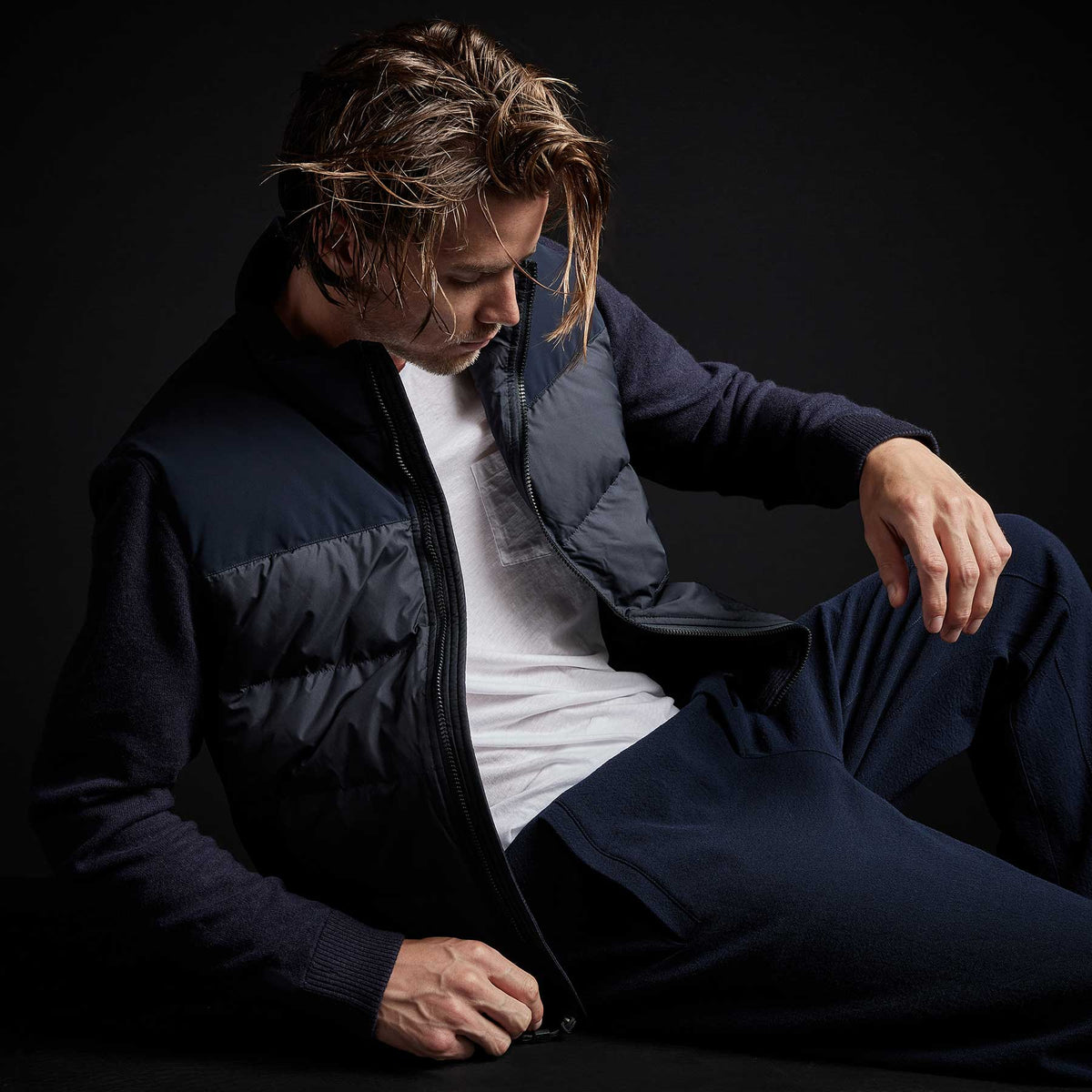 Mixed Media Down Sweater in Navy | James Perse Los Angeles