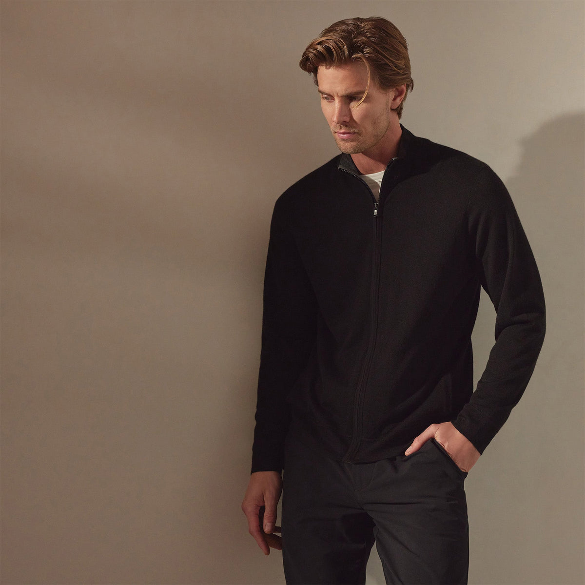 Lightweight Fine Gauge Cashmere Zip Up in Black/Charcoal | James Perse Los Angeles