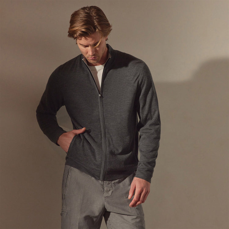 Lightweight Fine Gauge Cashmere Zip Up in Charcoal/stone | James Perse Los Angeles