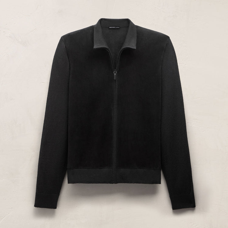 Ultrafine Cashmere Suede Front Zip Cardigan in Black | James Perse Los Angeles