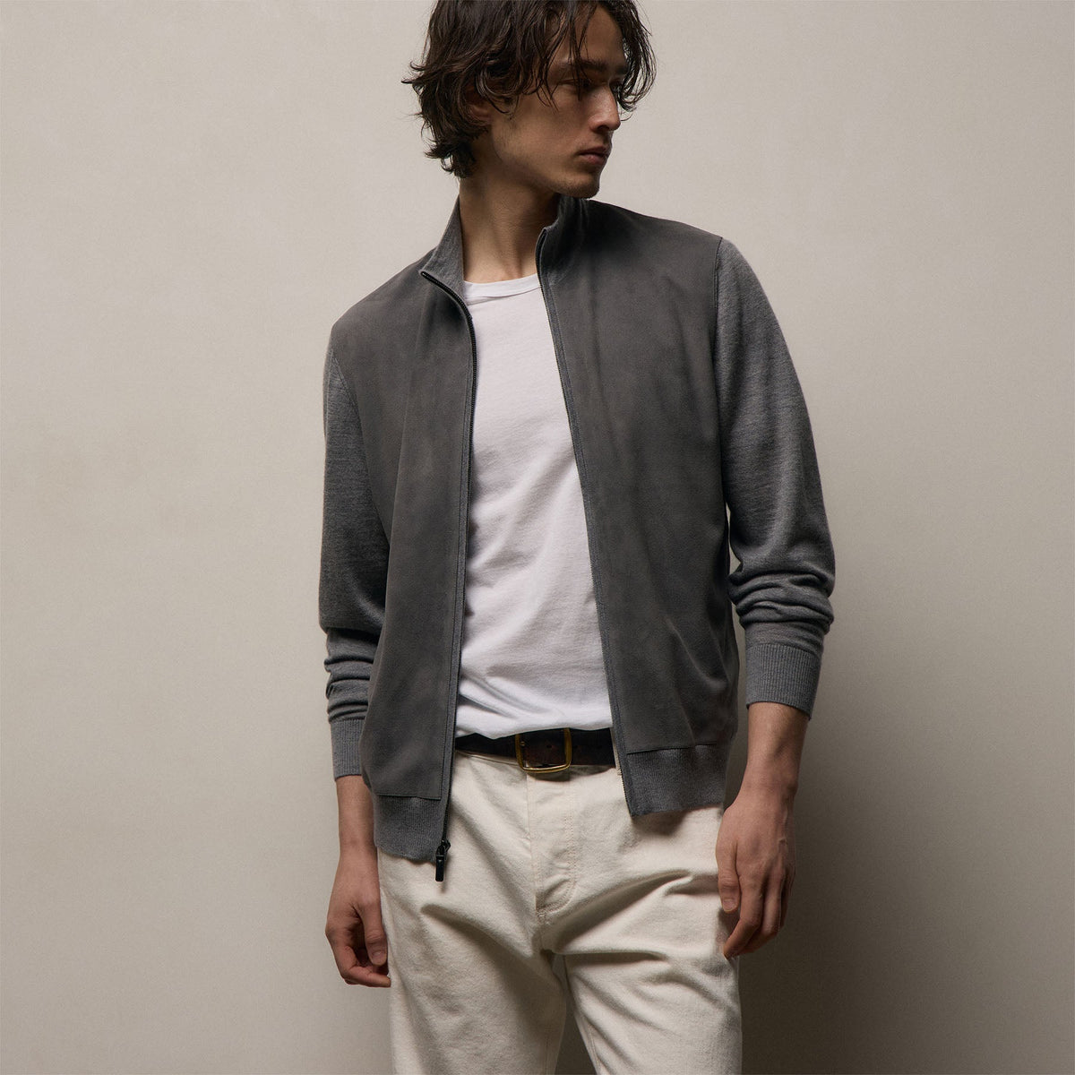 Ultrafine Cashmere Suede Front Zip Cardigan In Heather Grey | James Perse Los Angeles