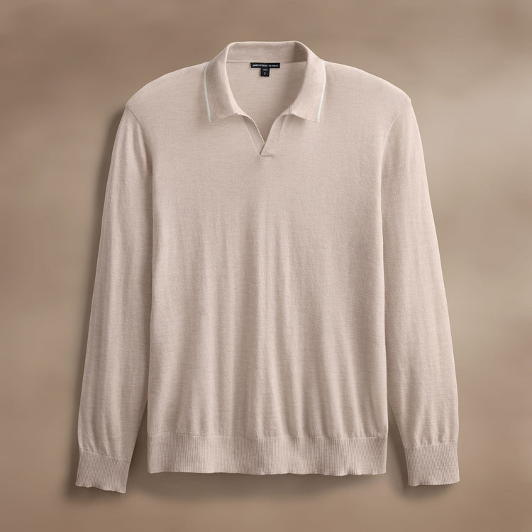 Ultra Fine Cshmr Tpd Open Polo in Balsa/Ivory | James Perse Los Angeles