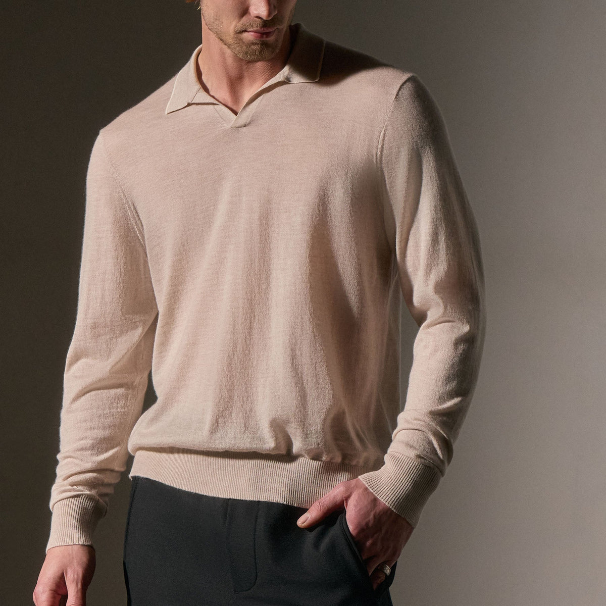 Ultra Fine Cshmr Tpd Open Polo in Balsa/Ivory | James Perse Los Angeles